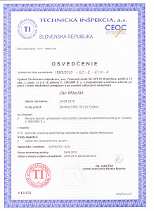 Osvedčenie - revízny technik, bez obmedzenia napätia